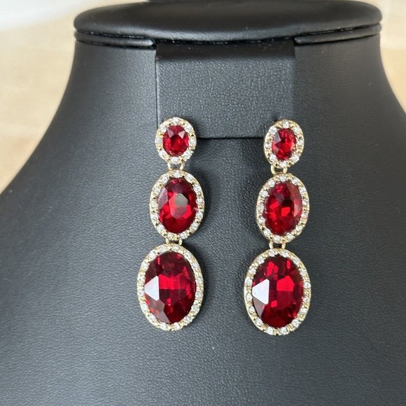 Fashion Red Enamel Gold Tone Rhinestones Drop Dangle Post Earrings - Picture 1 of 8